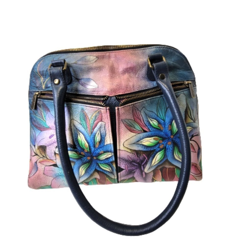 ANUSCHKA  5 Compartments Bag Handpainted Leather Floral Tote Blue Lilies Handbag